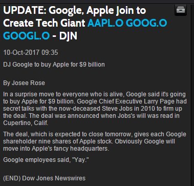 Dow Jones news wire apologizes after sending out a fake story that said Google would buy Apple; company blames technical error   