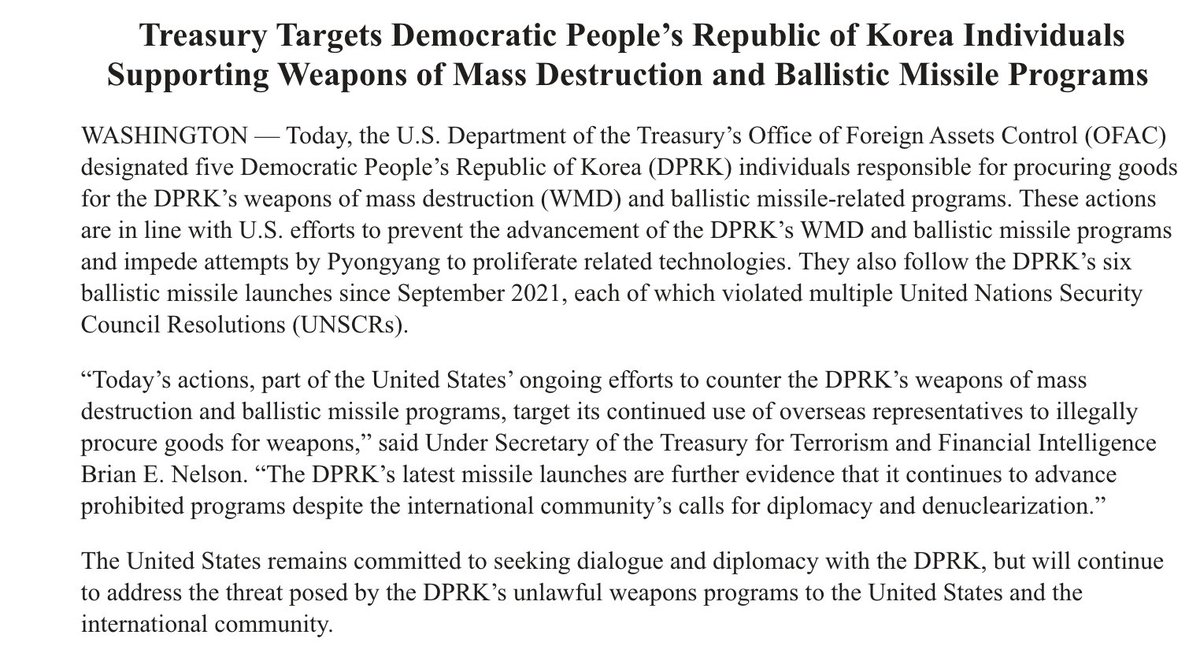 U.S. imposes sanctions on North Korea linked individuals and entity.  New sanctions target DPRK's ballistic missile programs