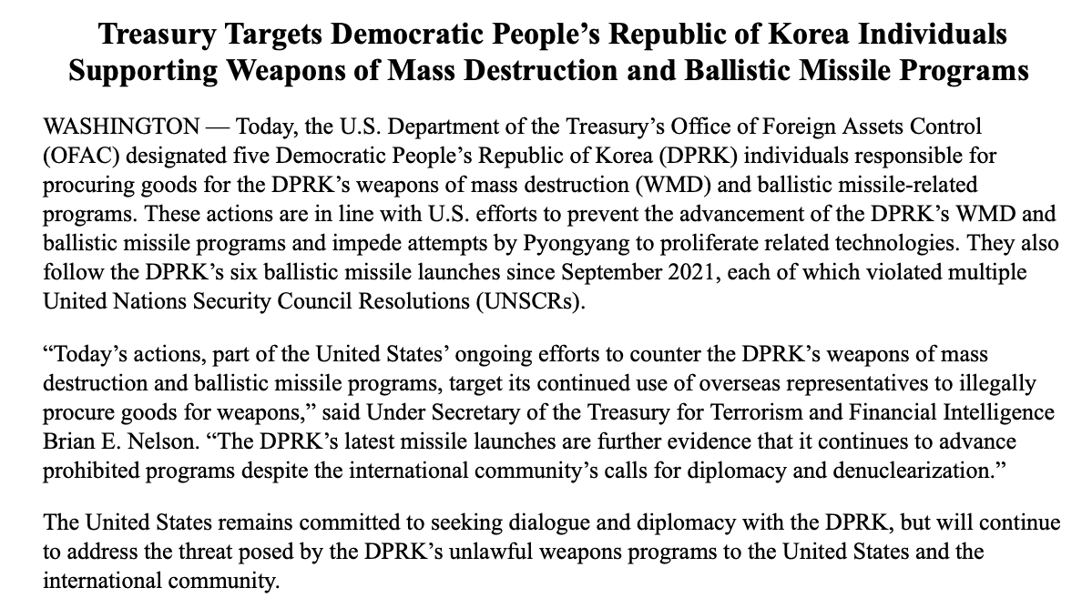 @StateDept designates North Korea-linked individuals & entities for proliferation of WMD   - Russia-based DPRK national O Yong Ho - Russian Roman Anatolyevich Alar  - Russia's Parsek LLC