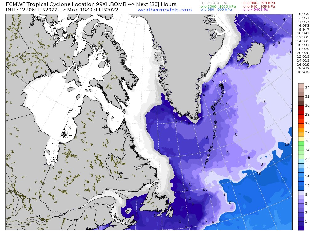 One of the strongest bomb cyclones of the winter season in Northern Hemisphere is rapidly intensifying in the North Atlantic.  928 hPa   Ocean temperatures are chilly only 4°C suggesting a different mechanism for development rather than warmer waters due to climate change
