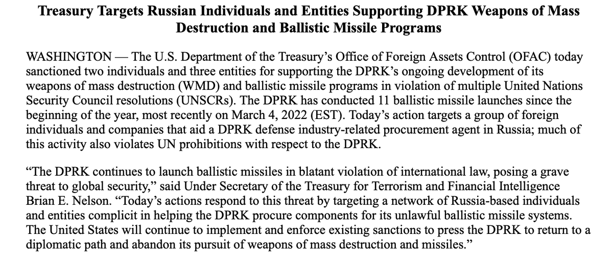 US sanctions Russian individuals/entities for supporting North Korea's WMD, Ballistic Missile programs  Per @USTreasury actions target a Russian network complicit in helping the DPRK procure components for its unlawful ballistic missile systems