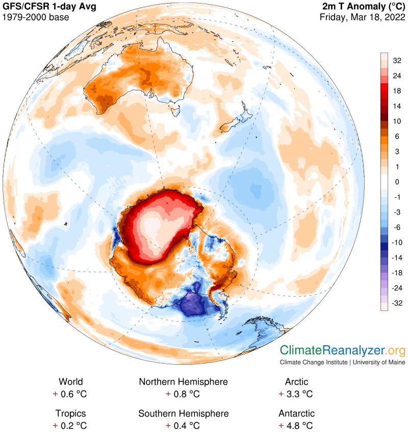 Extreme 'warmth' in Antarctica right now.  Some monthly records are being broken by 15°C