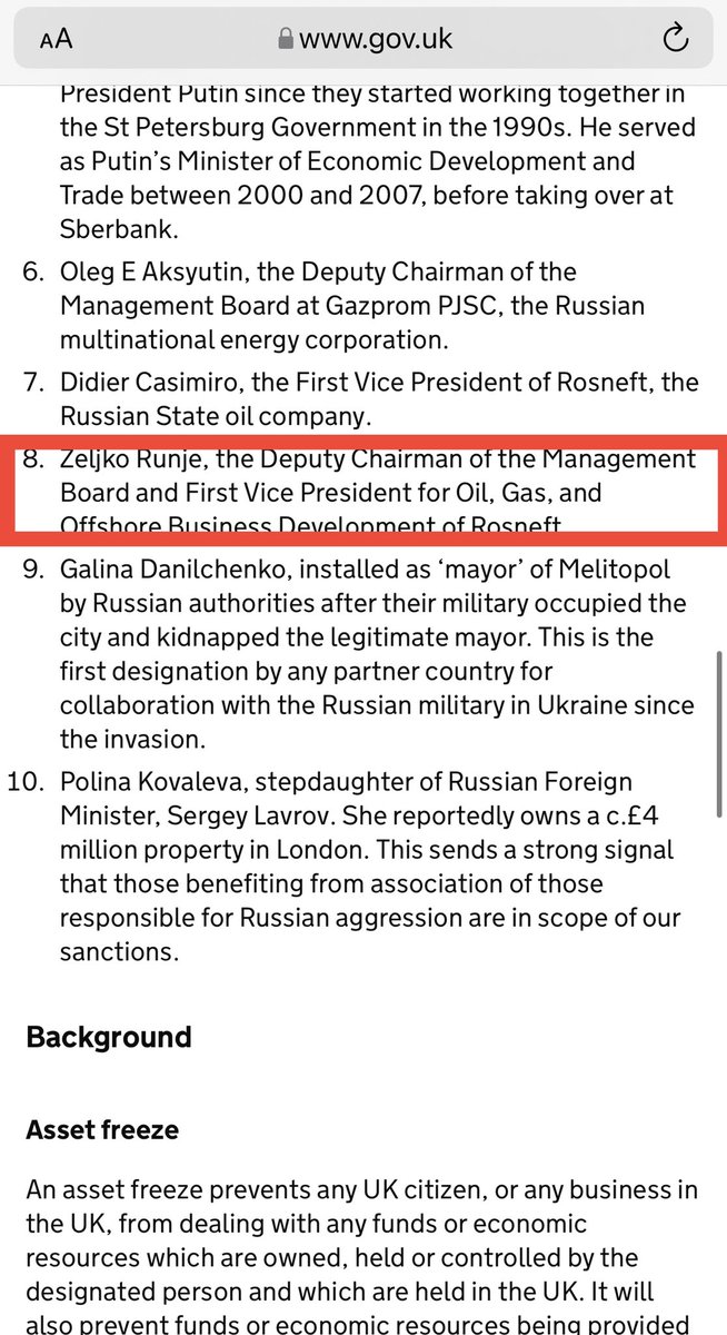 Željko Runje, a Croatian national who sits on the board of Russia's oil giant Rosneft, has been sanctioned by the UK as part of its new anti-Kremlin measures. Runje is a known node who has facilitated encounters between Croatian and Russian officials, incl Pres Milanovic
