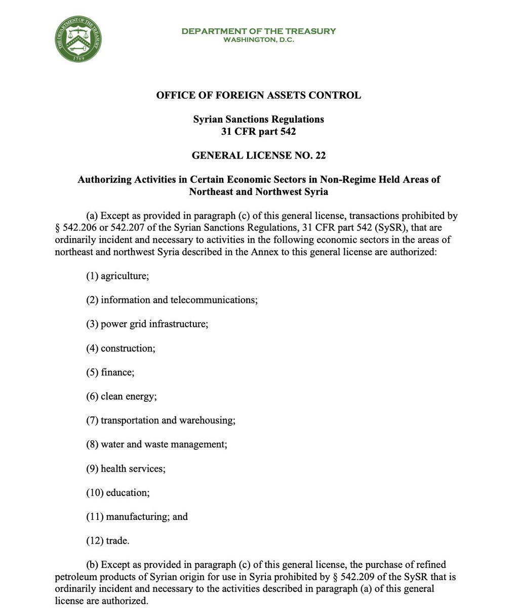 US Treasury publishes a general license for non-government parts of northern Syria