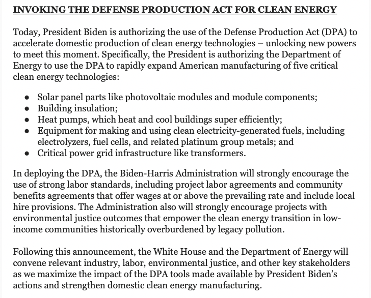 Today, @POTUS is authorizing @ENERGY to use the DPA to rapidly expand American manufacturing of five critical clean energy technologies, according to the @WhiteHouse