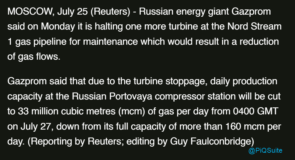 Gazprom to cut Nord Stream 1 gas supplies to 33 mcm from July 27  - Reuters