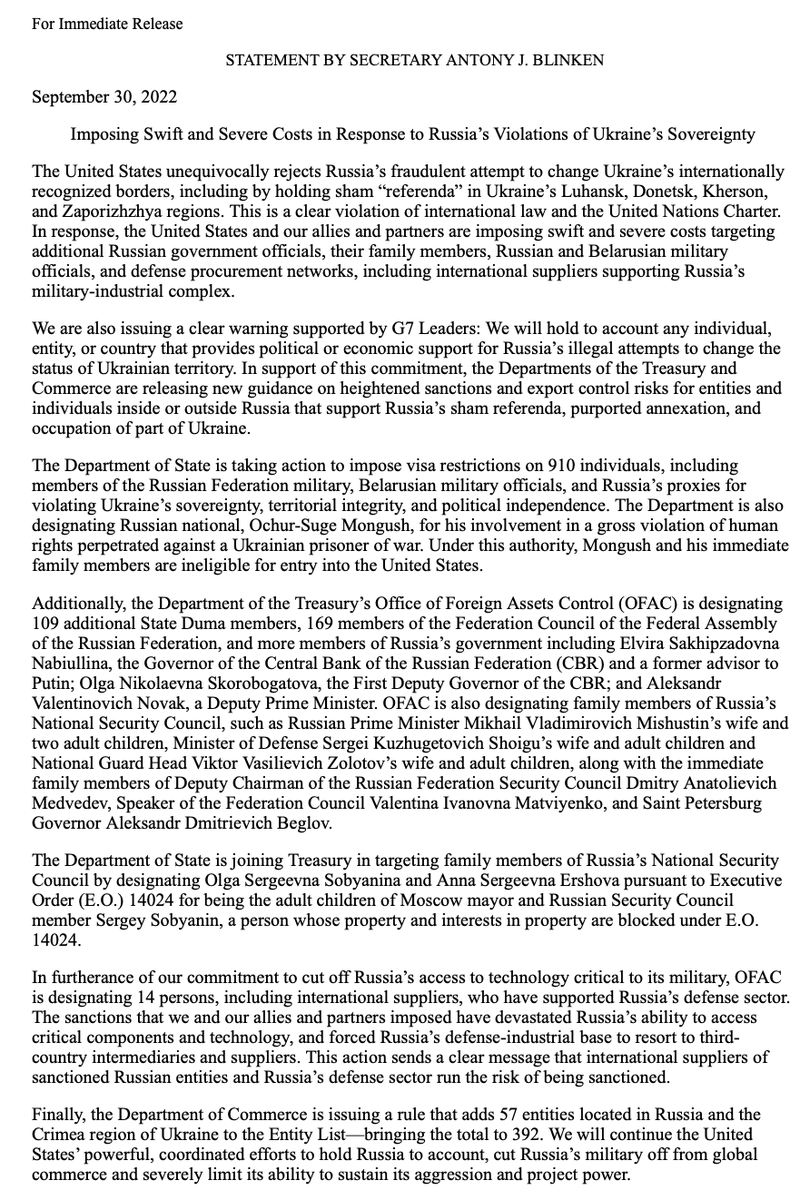 US unequivocally rejects Russia's fraudulent attempt to change Ukraine's internationally recognized borders, including by holding sham 'referenda' per @StateDept @SecBlinken   Announces visa restrictions on 910 individuals, including Russia and Belarus military officials