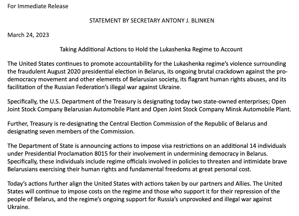 @USTreasury, @StateDept is announcing measures vs Belarus - imposing visa restrictions on another 14 people, including regime officials involved in policies to threaten and intimidate the Belarusian people