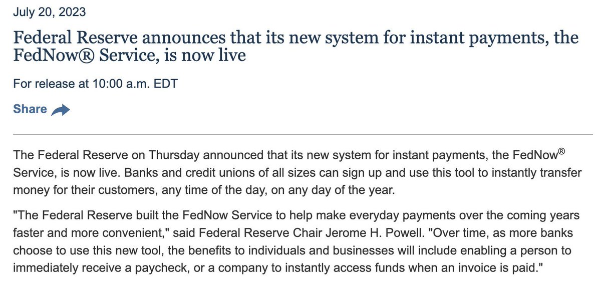 The U.S. Federal Reserve has officially launched the FedNow instant payments system. Currently, 35 banks and credit unions, along with the U.S. Treasury Department's Bureau of Fiscal Service, are utilizing this cutting-edge service