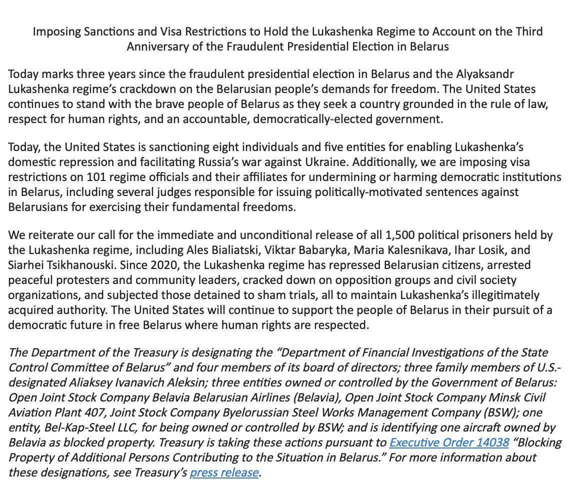 @StateDept announcement on visa restrictions for 101 government officials & their affiliates for undermining or harming democratic institutions in Belarus. @SecBlinken reiterates call for release of all 1,500 political prisoners held by the Lukashenka government
