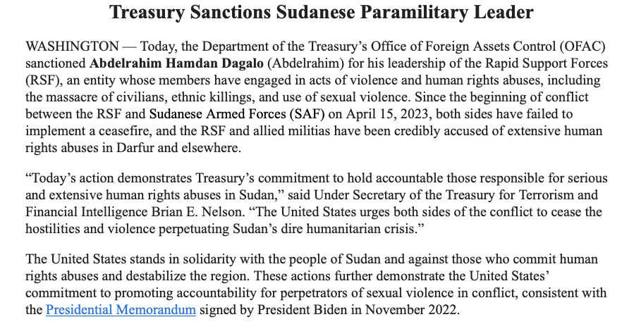 US imposes sanctions on Sudan's Abdelrahim Dagalo, the brother of RSF commander Mohamed Hamdan Dagalo