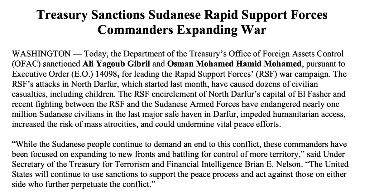 Treasury sanctions two commanders from Sudan's paramilitary Rapid Support Forces as the fighting continues in North Darfur