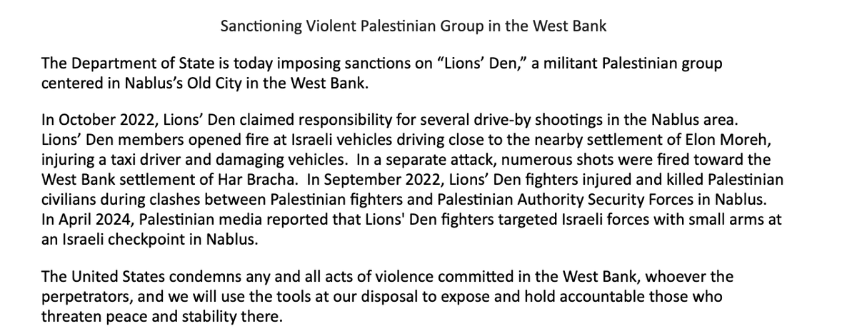 State Department imposes sanctions on “Lions’ Den,” a militant Palestinian group centered in Nablus’ Old City in the West Bank