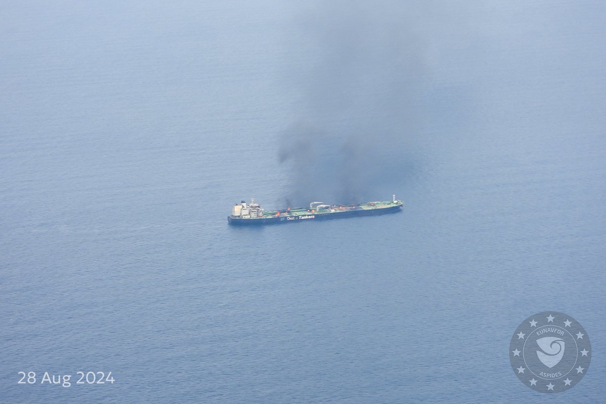 EUNAVFOR ASPIDES, an EU military operation in the Red Sea, the Indian Ocean and the Gulf: The M/V SOUNION has been on fire since August 23rd. EUNAVFOR ASPIDES operating assets in the area have reported that there are fires detected in several locations on the main deck of the vessel. There’s no oil spill, and the ship is still anchored and not drifting. All passing vessels in the vicinity are required to proceed with utmost caution, as the M/V SOUNION poses both a navigational risk and a serious and imminent threat of regional pollution. To avert a catastrophic environmental crisis, EU NAVAL FORCES ASPIDES, in coordination with European authorities, is assessing the situation and stands ready to facilitate any courses of action. Successful mitigation will require close coordination and active participation of regional states