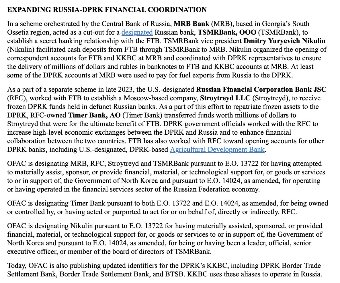 US going after network backing North Korea's transfer of weapons to Russia. @USTreasury sanctioning 4 banks, 1 payment company and 1 bank official, all located in Russian occupied South Ossetia, Georgia