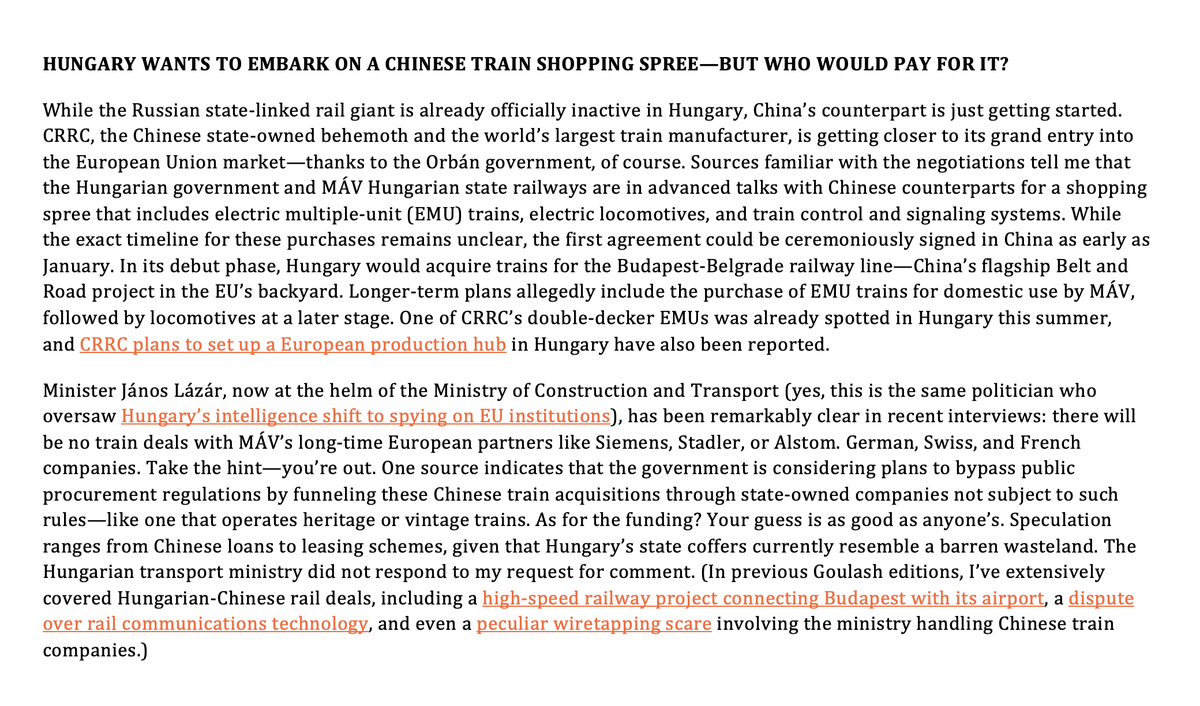 Hungary’s government is in advanced talks with Chinese rail giant CRRC to purchase trains, locomotives, and signaling systems on a large scale, while ending cooperation with European firms like Siemens, Stadler, and Alstom