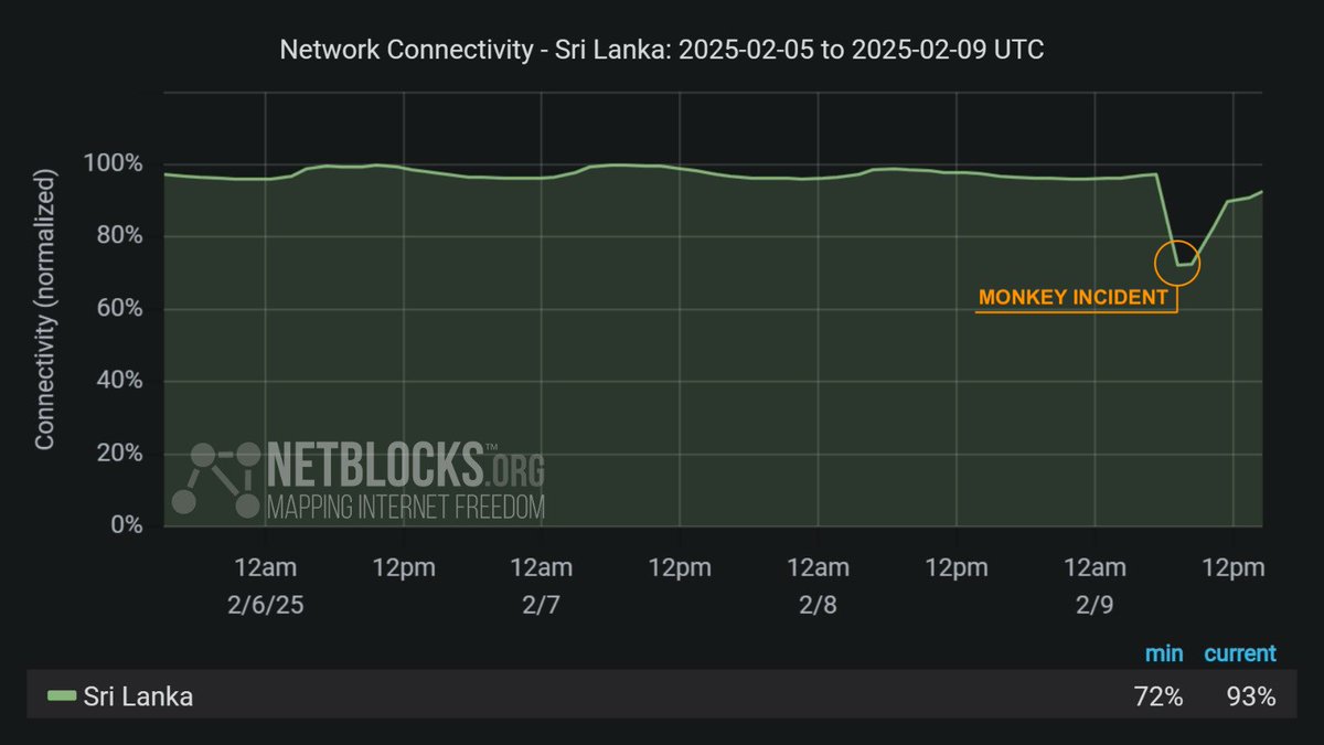 Network data show a disruption to internet connectivity in Sri Lanka corresponding to major a power outage.The incident is attributed to a monkey coming into contact with the grid transformer at the Panadura substation per Energy Minister Jayakody