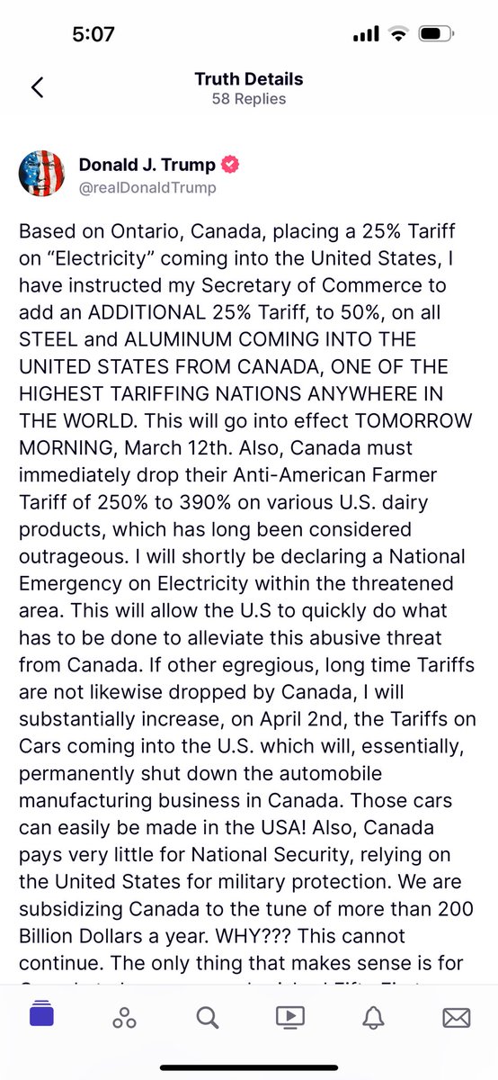 In message that was deleted and reposted, Trump said he will: - permanently shut Canadian car industry by raising tariffs substantially; -declare a national emergency on energy; -raise tariffs on steel and aluminum from Canada to 50%