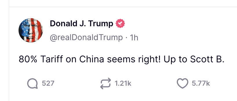 Trump: 80% importheffing op China lijkt me terecht. Tot Scott B.