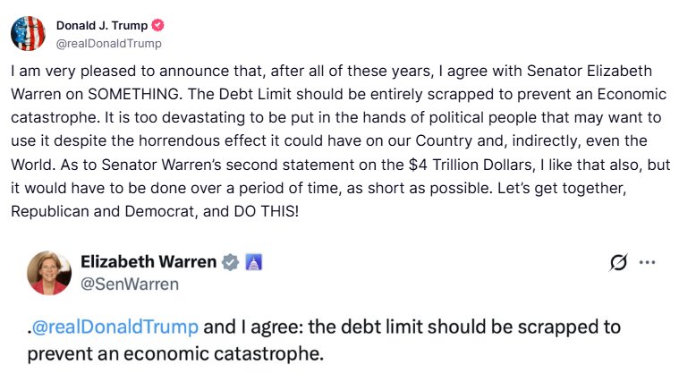 Trump : le plafond de la dette devrait être entièrement supprimé pour éviter une catastrophe économique. Il est trop dévastateur pour être laissé entre les mains de politiciens qui pourraient vouloir l'utiliser, malgré les conséquences désastreuses qu'il pourrait avoir sur notre pays et, indirectement, sur le monde entier. - Truth Social
