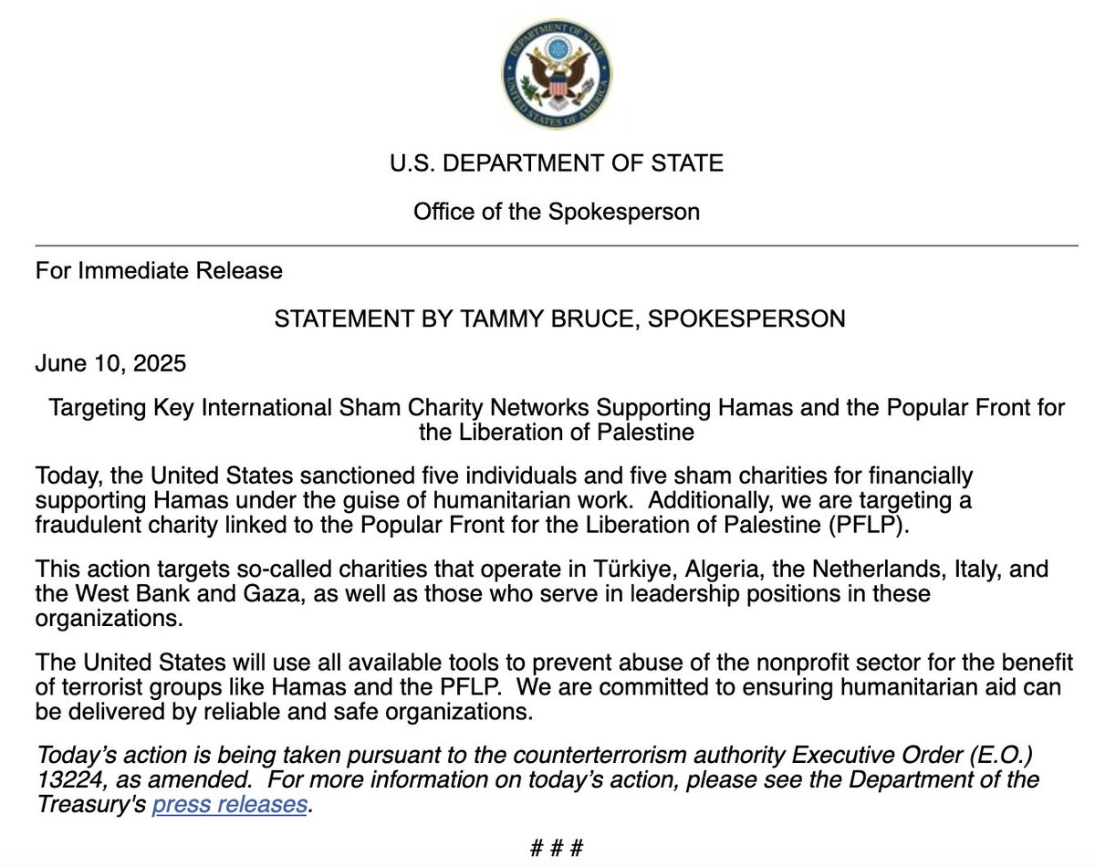 U.S. today sanctioned five individuals and five sham charities for financially supporting Hamas under the guise of humanitarian work, per Department of the State. Additionally, we are targeting a fraudulent charity linked to the PFLP, DoS Spox