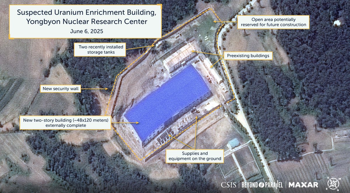North Korea have built a new uranium enrichment plant to produce fissile material for nuclear weapons. North Korea is estimated to have 50 nuclear weapons, including miniaturised tactical nuclear warheads and enough fissile material for an additional 40 weapons