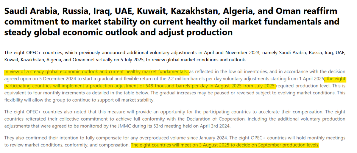 OPEC+ MEETING: The eight nations subject to voluntary quotas agree to hike output by 548,000 barrels in 24 hours for Aug (speeding up from a previous pace of 411,000 barrels in 24 hours monthly hikes). The group will decide on another increase for Sep in early Aug