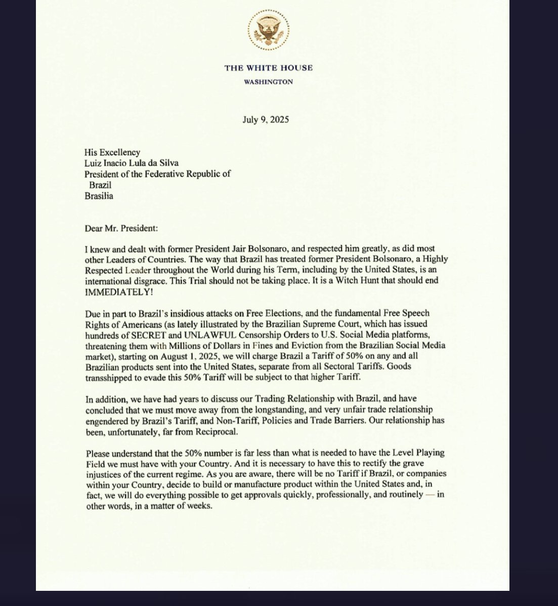 Trump imposes 50% tariffs on Brazil while also calling for the end of the prosecution against the country's former president Jair Bolsonaro