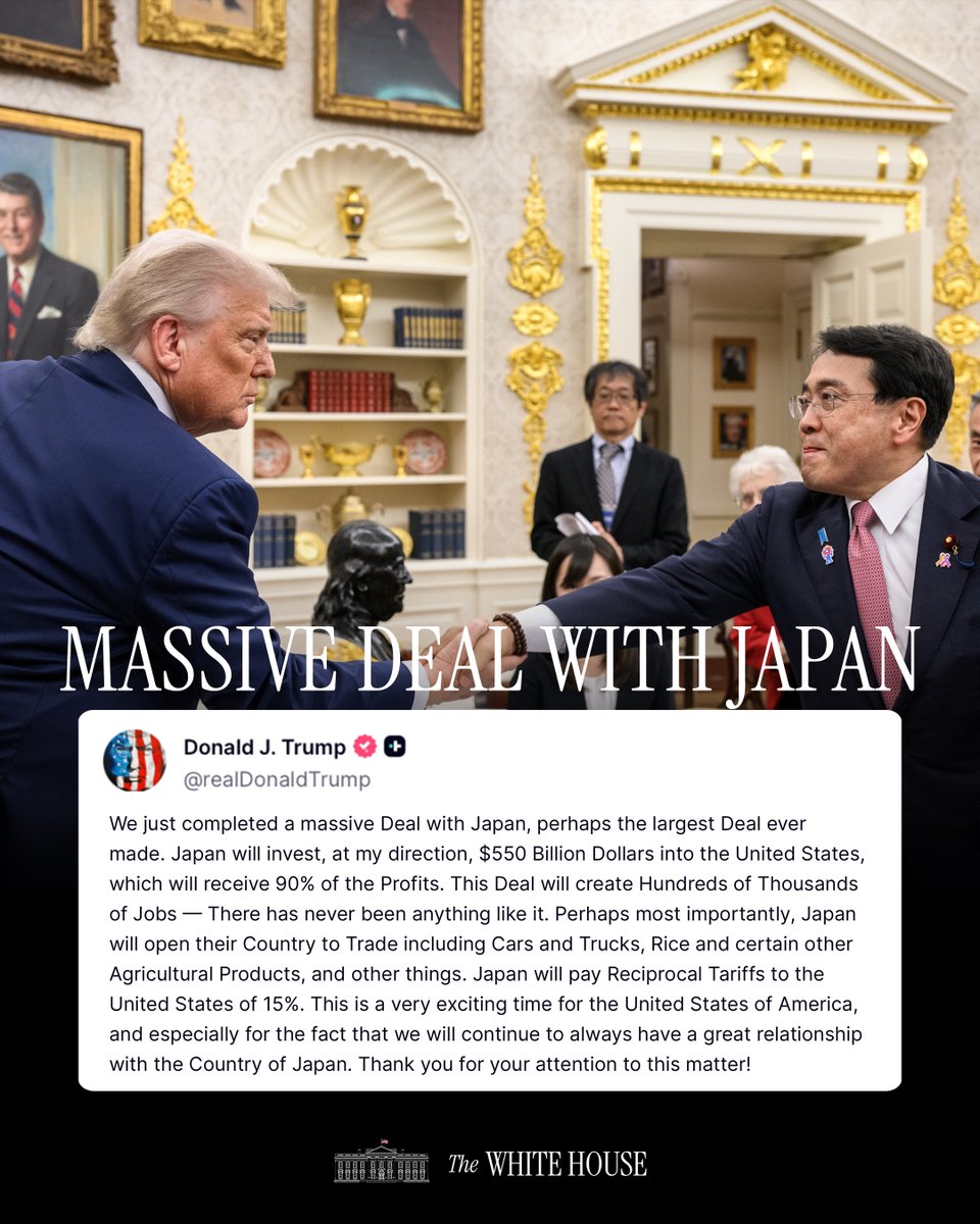 President Trump kondigt handelsovereenkomst met Japan aan. Dit is een zeer spannende tijd voor de Verenigde Staten, en vooral omdat we altijd een uitstekende relatie met Japan zullen blijven onderhouden. - President Donald J. Trump