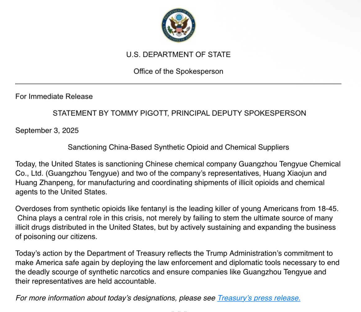 US hits Chinese firm with sanctions over 'deadly scourge' of fentanyl crisis  @USTreasury blacklists chemical company and its representatives as Trump admin blames China for poisoning American citizens. DoS Statement