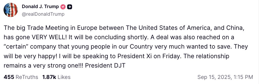 Trump hint op een nieuwe TikTok-deal na handelsbesprekingen tussen Amerikaanse en Chinese functionarissen. Hij zegt dat hij vrijdag met Xi zal spreken na zijn terugkeer uit het Verenigd Koninkrijk.