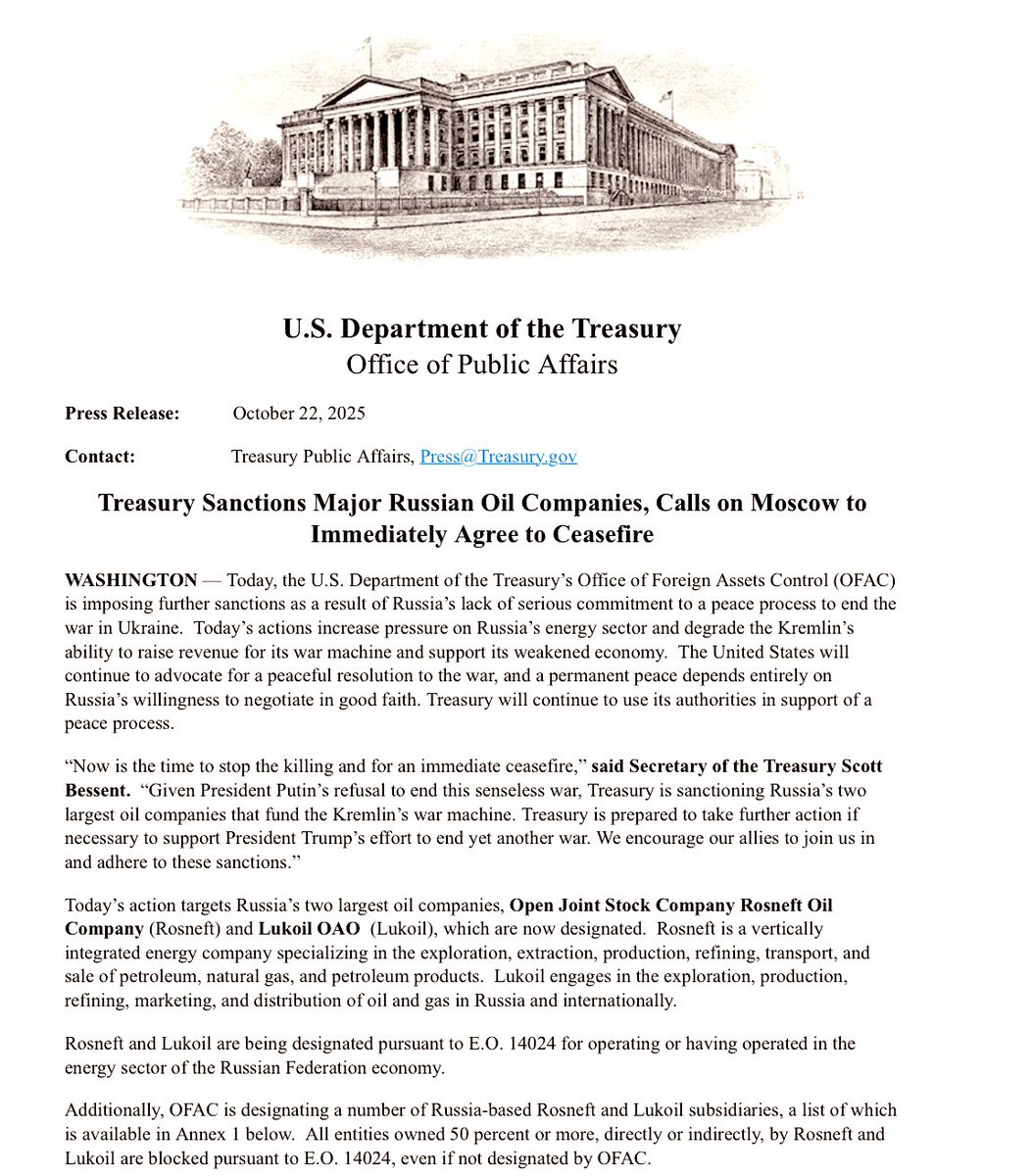 Адміністрація Трампа оголошує про свої перші санкції проти Росії, спрямовані проти великих нафтових компаній, і закликає Москву негайно погодитися на припинення вогню