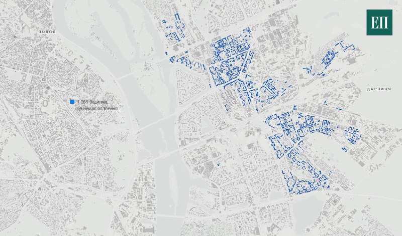 Map of the houses in Kyiv, left without heat for unknown period of time