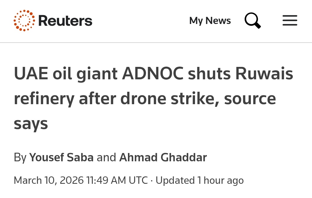 NASA’s FIRMS map shows multiple fires at the Ruwais Refinery in western Abu Dhabi  after Iranian drones struck the site today. In response, Abu Dhabi’s state oil company ADNOC has shut down operations at the refinery. The facility processes up to 837,000 barrels of crude oil per day.