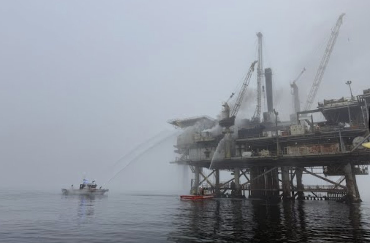 The U.S. Coast Guard photos show the intense situation off the coast of Carpinteria where Platform Habitat had a fire after 7 a.m. Santa Barbara Harbor Patrol fired shots of water to suppress the fire and cool the area for a response team. 26 evacuated. 2 injuries reported
