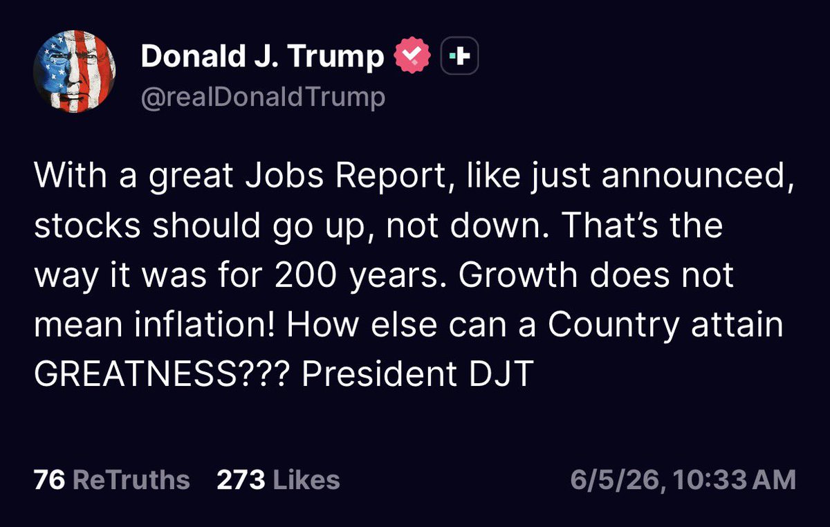 President Trump says “stocks should go up, not down” after today’s jobs report. “Growth does not mean inflation,” Trump says