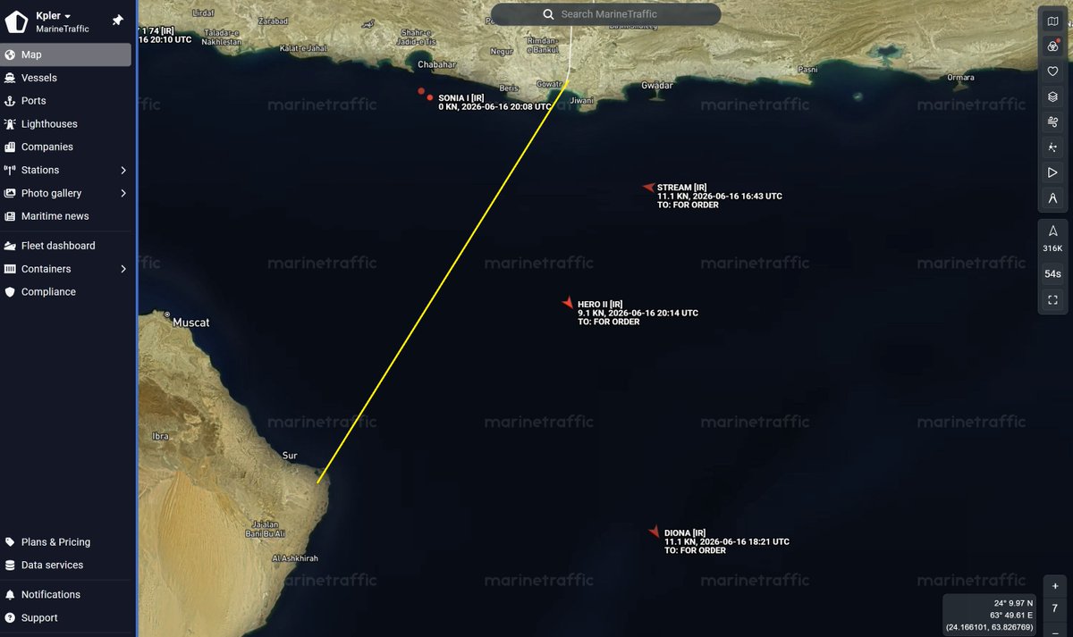 Suivi des pétroliers : D'après les données AIS que nous avons corroborées hier (15/06/2026) par imagerie satellite, au moins deux superpétroliers VLCC de la National Iranian Tanker Company (NITC), le DIONA (9569695) et le HERO2 (9362073), ont franchi le blocus de la marine américaine, transportant à eux deux un total de 3,8 millions de barils de pétrole brut iranien. Il s'agit des premières exportations de pétrole brut iranien depuis deux mois. On observe également que le STREAM (9569633) de la NITC s'approche de la ligne de blocus depuis la ZEE du Pakistan, où il a passé les sept dernières semaines en attente pour entrer en Iran.