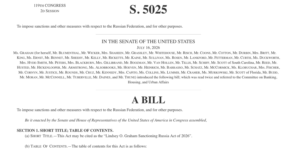 Cumhuriyetçi Senatör Bill Hagerty, Senatör Lindsey Graham'ın Rusya yaptırımları tasarısına imza atarak, tasarıya destek verenlerin toplam sayısını 62'ye çıkardı. Hagerty'nin eklenmesi, merhum Senatörün kız kardeşi Bayan Graham'ın isteği üzerine gerçekleşti.